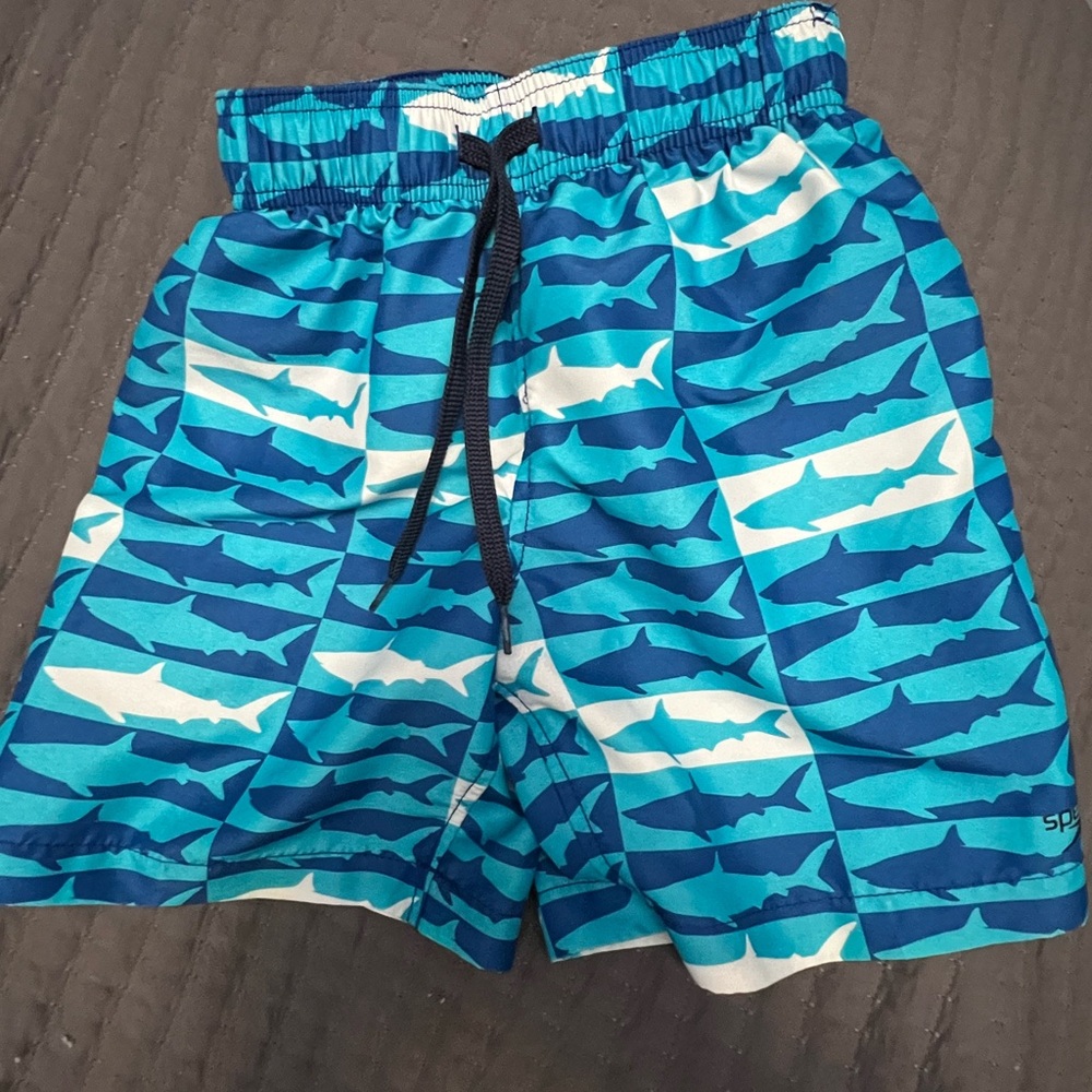 Blue Shark Print Kids Swim Shorts